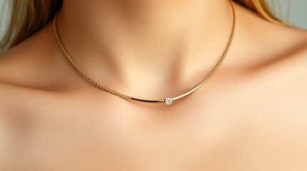 Close-up of elegant gold necklace with a sparkling gem pendant, highlighting the delicate craftsmanship on a woman's neck for style