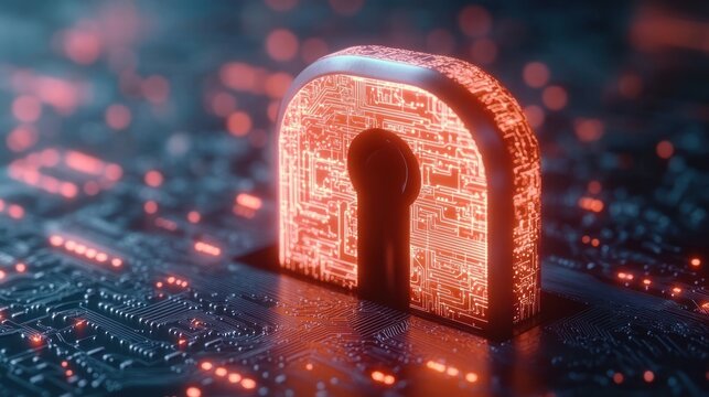 Glowing red digital padlock on a dark circuit board symbolizing cybersecurity and data protection with illuminated electronic pathways