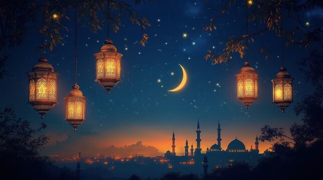 Decorative hanging lanterns glowing warmly at dusk with a crescent moon and starry sky above a silhouetted cityscape featuring mosque minarets and domes