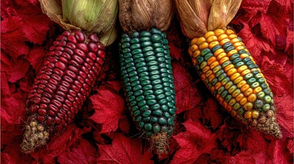 Three colorful ears of Indian corn rest on a bed of red leaves.