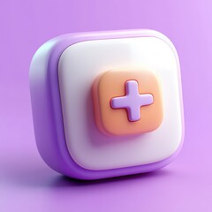 Fototapeta premium 3d rendered soft pastel icon with a white rounded square base and a smaller orange square on top featuring a purple plus sign symbol on a purple background