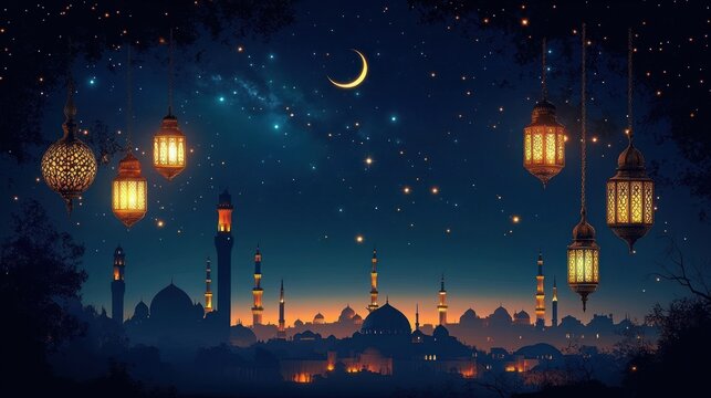nighttime cityscape with illuminated mosque minarets and domes under a crescent moon and starry sky with hanging ornate lanterns casting warm light