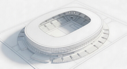 Architectural rendering of a stadium with a white background and detailed line work showcasing design
