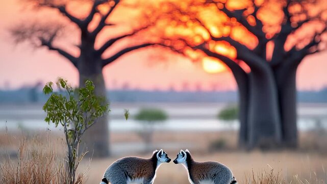 Lemurs at sunset, baobab trees