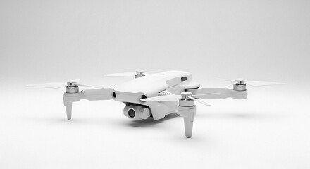 A white drone with propellers and a camera is positioned on a white surface in a studio shot setup