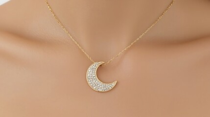 Golden Crescent Moon Pendant Necklace with Shimmering Details