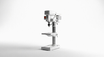 A minimalistic shot of a white drill press machine on a white background in a studio setting