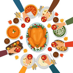 Fototapeta premium Top-down view of a family or friends sharing a festive Thanksgiving dinner with turkey and pie.