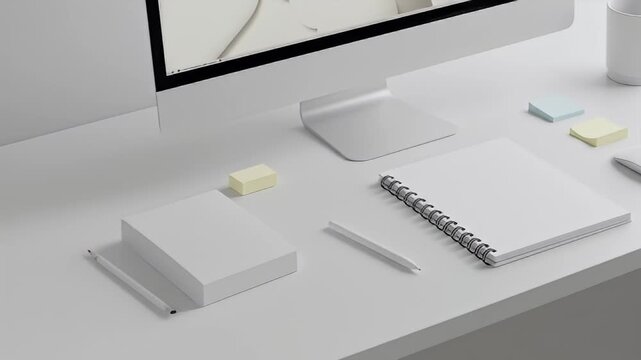 Minimalist workspace featuring a computer, notebook, and accessories on a white desk