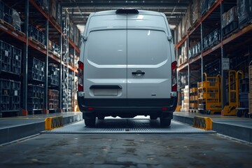 Naklejka premium White delivery van on loading dock in warehouse