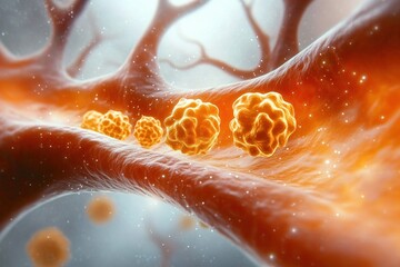 Close-up view of orange spherical particles moving through a tubular structure with branching network, representing a microscopic biological or cellular environment