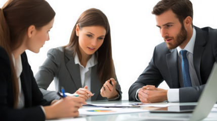 Business team collaborating on project with documents and laptop in office setting at a table on transparent background