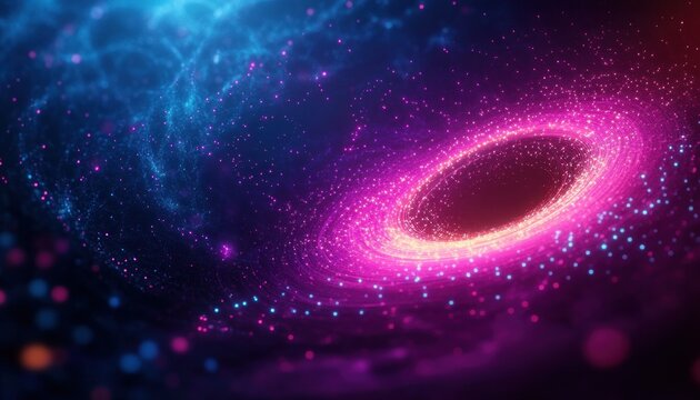 Vibrant swirling vortex of glowing pink and blue particles creating a dynamic cosmic or abstract digital space scene