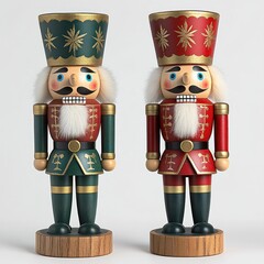 Two decorative wooden nutcracker soldier figures wearing red and green uniforms with golden detailing and white beards standing side by side on round wooden bases against a plain white background