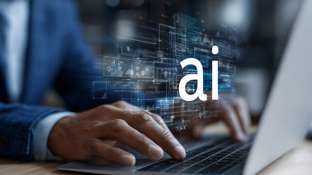 businessman working with a laptop and a digital screen showing ai and data technology concepts. using  artificial intelligence, which is having a significant impact on the business industry. office ro