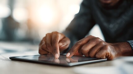 Detailed close up view of adult hands interacting with a modern tablet device emphasizing focus and digital engagement in a bright setting
