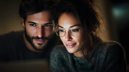 Couple using laptop together in warm dim home lighting focused and engaged