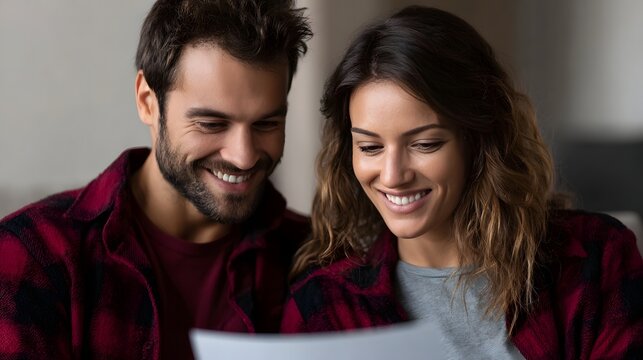 A happy couple smiles while reviewing a document together suggesting shared planning and optimism for the future