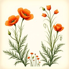 Watercolor orange poppy wildflower botanical illustration