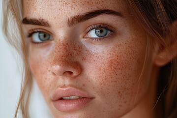 Close-up portrait of a young woman with blue eyes, light brown hair, and abundant freckles on her face, looking thoughtfully at the camera