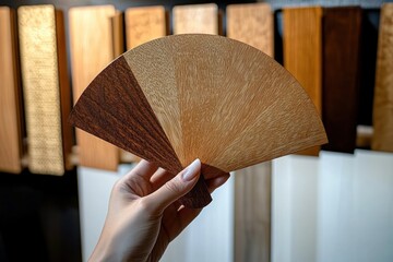 Hand holding a fan-shaped display of different wood veneer samples with various shades and textures in an indoor setting