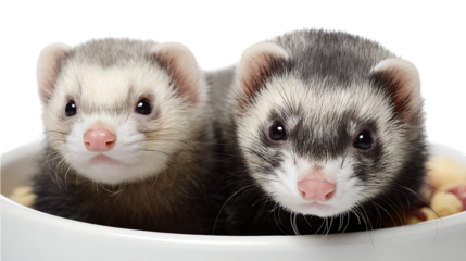 Two adorable ferrets looking at the camera isolated on transparent background
