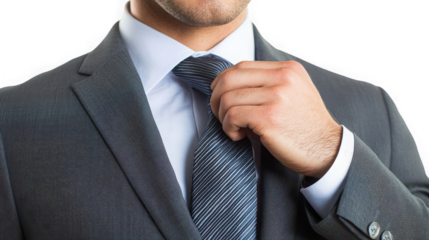 Close up of a man adjusting his striped tie while wearing a gray suit and a white collared shirt on transparent background