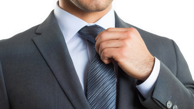 Close up of a man adjusting his striped tie while wearing a gray suit and a white collared shirt on transparent background