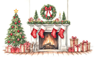 Obraz premium Cozy Christmas Scene: Fireplace Tree and Gifts