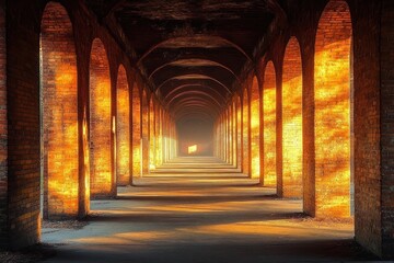 Naklejka premium Long brick corridor with tall archways illuminated by warm golden sunlight creating a peaceful and timeless atmosphere