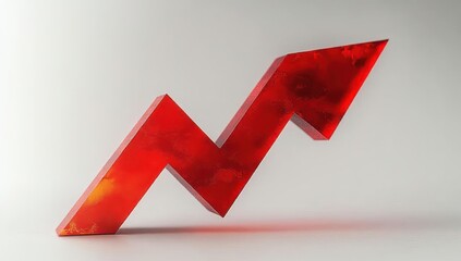 Red three-dimensional arrow zigzagging upwards symbolizing growth and progress on a plain white background