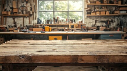 empty wooden tabletop in a rustic woodworking workshop with blurred tools and shelves in the background
