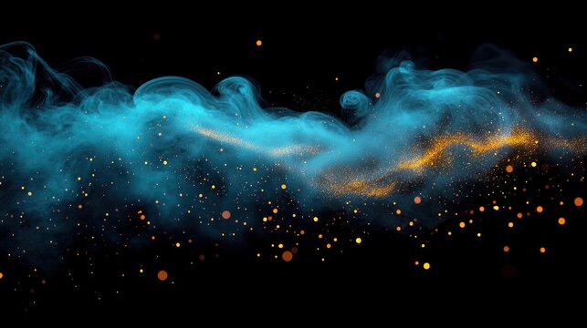 Blue smoke swirling through dark space with scattered glowing golden particles creating a dynamic and mysterious atmosphere