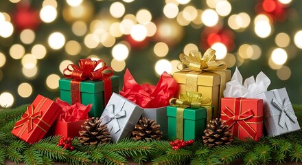 Festive Christmas Presents with Bokeh Lights and Evergreen Branches Decoration