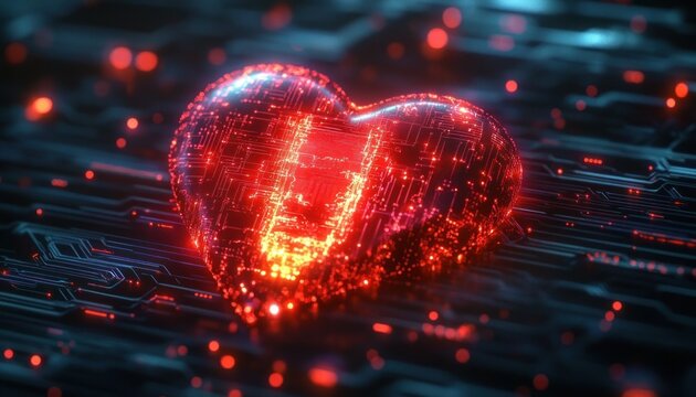 Glowing red digital heart shape on dark futuristic circuit board illustrating technology and emotion connection