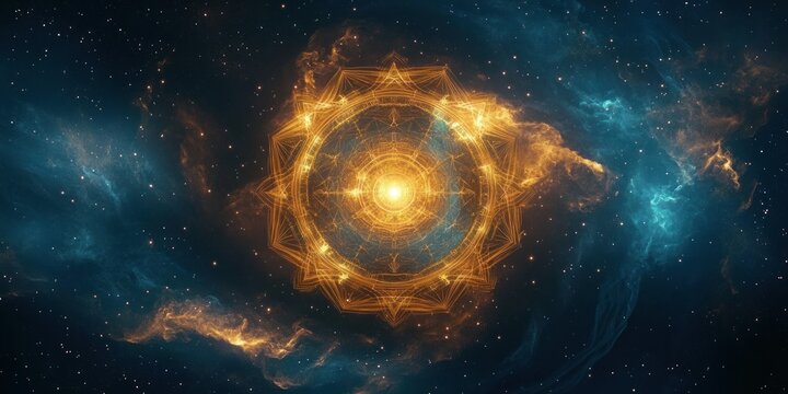 Glowing intricate golden mandala with geometric patterns floating in a cosmic starry background with nebula clouds and blue hues, evoking mystery and cosmic energy