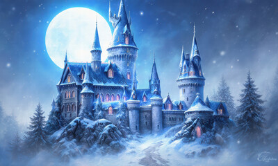 Enchanting Snow-Covered Castle Under a Full Moon