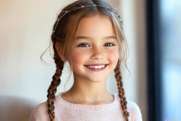 smiling young girl with braided hair and delicate floral headband wearing a soft pink sweater indoors