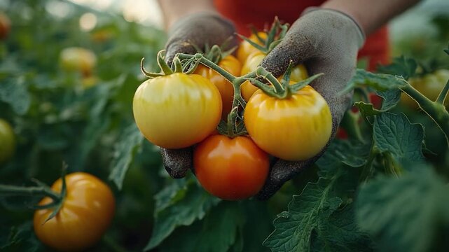 A person grasping a bundle of tomatoes, possibly harvesting or preparing for a meal