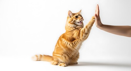 Ginger Maine Coon Cat High Fiving A Human Hand On White