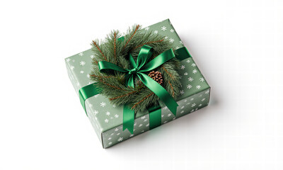 Festive Green Gift Box with Pine Wreath and Ribbon