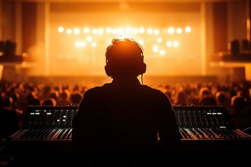 Silhouette of a sound engineer controlling audio mixing console during a live concert with bright stage lights and large audience