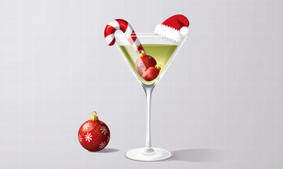 Festive Martini with Holiday Ornaments and Santa Hat