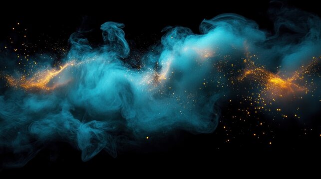 Swirling blue smoke with bright golden sparks against a black background creating a mystical and dynamic visual effect