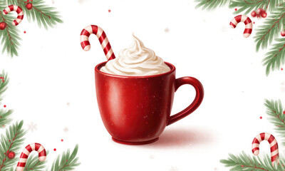 Festive Red Mug with Whipped Cream and Candy Cane Surrounded by Pine Sprigs