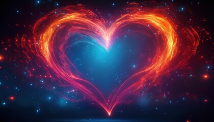 Glowing fiery heart shape formed by bright orange and red flames against a dark starry blue background, evoking warmth and passion