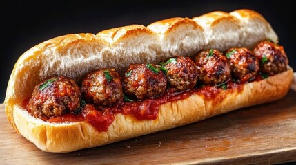 Close-up of a meatball sandwich with tomato sauce and herbs in a fresh hoagie roll on a wooden surface