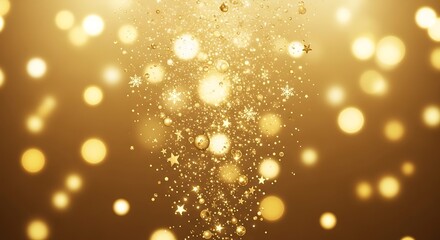 Golden Celebration Background with Bokeh Lights Stars and Snowflakes Decoration