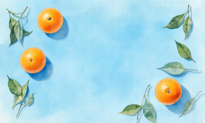 Fresh tangerines and leaves on a vibrant blue background