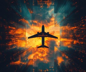 Airplane flying overhead in the vibrant orange and yellow sunset sky surrounded by tall reflective glass skyscrapers in a cityscape